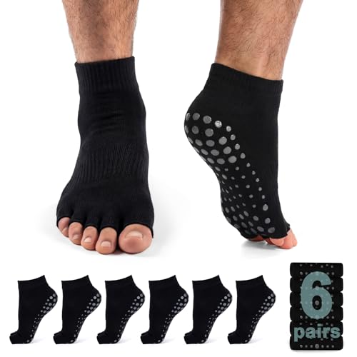 Image of 6 Pairs Toeless Grip Socks for Men Non Slip Open Toe Yoga Socks with Grips Ballerina Pilates Gifts Dance Recital Gifts for Ballet Dance Barefoot Workout