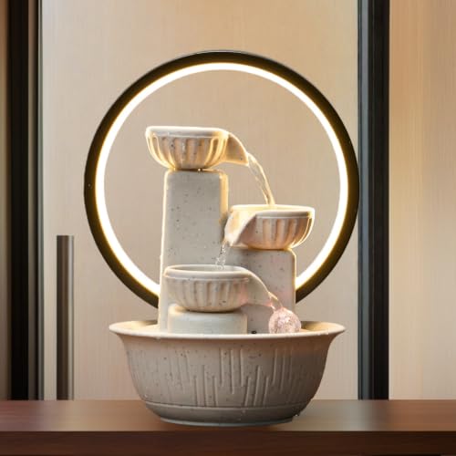 Image of 3-Tier Tabletop Water Fountain with Warm Ambient Light, Cascading Bowl Design, Compact Indoor Desk Decor, 8.3x6.3 inch Indoor Calming Cascading Waterfall Fountain（Cream） (Cream Light Ring)