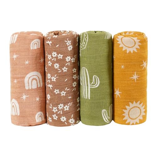 Image of 4 Set Muslin Swaddle Blankets Receiving Blanket for Newborn Baby | Boys, Girls Cute Soft Print Baby Towel Wrap 120x110cm Baby(Cactus)