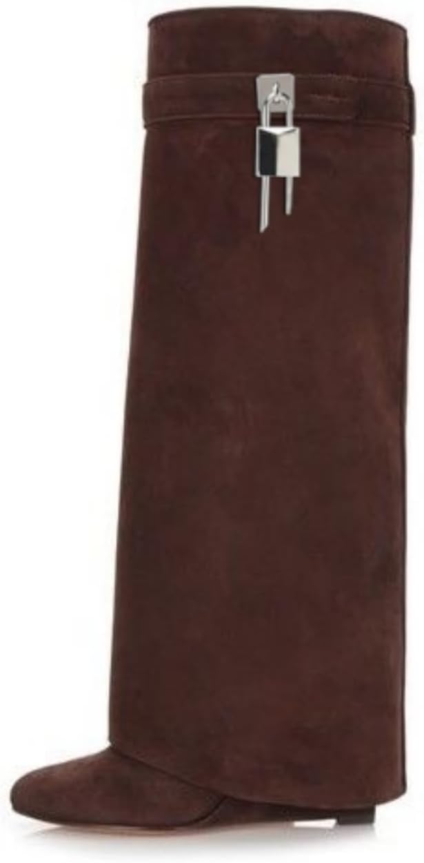 keleimusi Women's Knee High Suede Fold Over Boots for Women Pointy Pull-on Covered Wedge Heel PadLock Knee Shark Boots Wide Calf Sexy Tall Booties Party Shoes