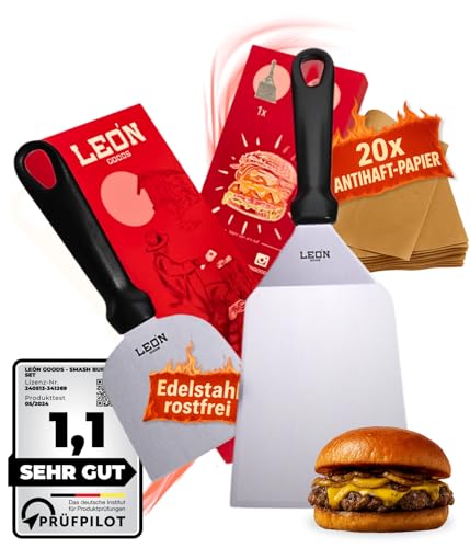 LEÓN Goods® : Grillspachtel Set [Edelstahl] Grill Spachtel/Plancha Spachtel (+20x Burger Papier) Teppanyaki Grillspachtel Edelstahl für Smash Burger, Fisch, Steaks UVM - rostfrei. (2-TLG.)