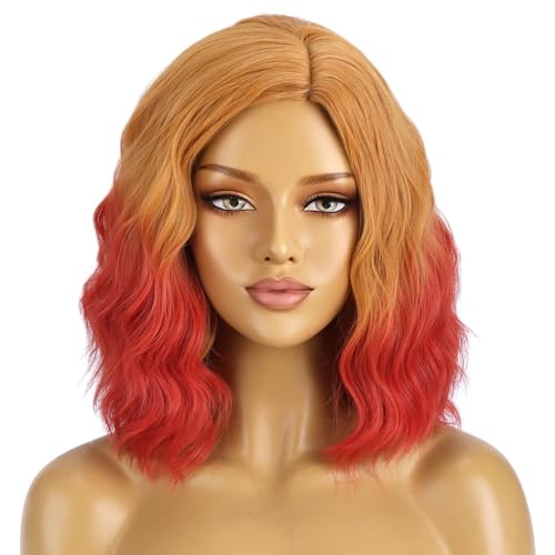 Image of BERON Orange Ombre Wigs Side Part Short Curly Wave Wigs for Women Girls Orange Shoulder Length Heat Resistant Synthetic Wig Cosplay Costume Party Daily
