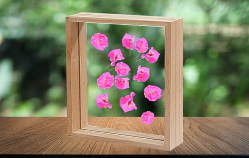 Image of Desi Rang Wooden Square Frame For Wall Decor Table Top Hanging Any Green Or Dry Plant Leaf Picture Photo DIY Gift Home Decoration (Natural,Sqr,12X12 Inch,With Pink Flower)