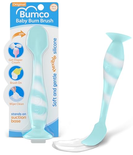 Image of Bumco Baby Bum Brush - BPA-Free Diaper Cream Spatula with Suction Cup Base, Soft & Flexible Silicone, Wipe-Clean, Mom-Invented Diaper Bag Essentials (Aqua Swirl)