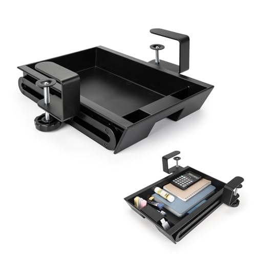 EHO デスク下スライド式収納引き出し スモール 29.75cmx20.8cm 引き出しオーガナイザー 滑らかなスライドレール付き、調節可能なCクランプマウント、ホームオフィス&スタンディングデスク用ブラックトレイ