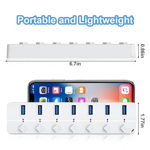 Image of ONFINIO USB Hub 3.0, 7-Port USB Hub Splitter with Individual On /Off Switches and Lights, 3.2ft /1m Long Cable Compatible with MacBook, Laptop, Surface Pro, PS4, PC, Flash Drive, Mobile HDD-White