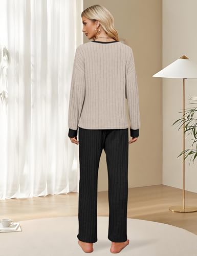 Image of Blooming Jelly Women Ribbed Long Sleeve Pajama Sets Fall Loungewear Pockets