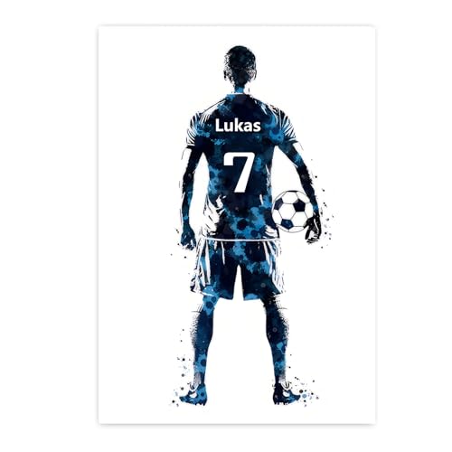WGYANHY Personalisiertes Fußball-Poster mit Namen und Nummer, Leinwand-Kunstdruck, Schwarz-Weiß und Blau (M8, 40x50cm Kein Rahmen)