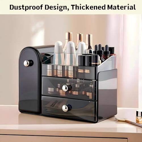 Image of Makeup Organizer for Vanity with Covered Brush Holder,Bathroom Organizers with Drawer,Skin Care Organizer,Makeup Organizers for Vanity with Drawer,Large Makeup Storage for Dresser, Black