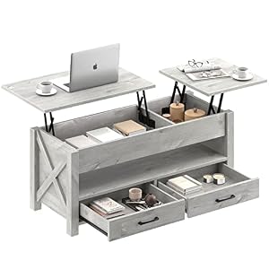 Seventable Coffee Table, 47.2″ Lift Top Coffee Table with 2 Storage Drawers and Hidden Compartment, X Wood Farmhouse Support, Retro Center Table with Wooden Lift Tabletop, for Living Room,Grey