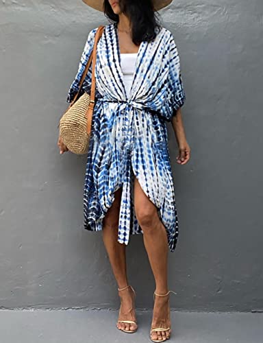 Image of Bsubseach Stylish Tie Dye Open Front Long Kimono Swimsuit Coverup for Women