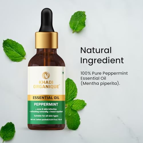 Image of Khadi Organique Peppermint Essential Oil | Natural Therapeutic Grade Oil | For Hair Growth, Skin Care, Steaming, Diffuser, Aromatherapy & Insect Repellent | Soothing Relief & Muscle Relaxation - 15ml
