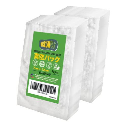 真空パック 袋 FRESHPAK エンボス加工 7x12cm (2.8x4.8”) 85μ 2x100枚入り ナイロン ダイヤ カット済み 鮮度長持ち 食品保存 電子レンジ解凍 冷凍保存 [EF-0712-2]