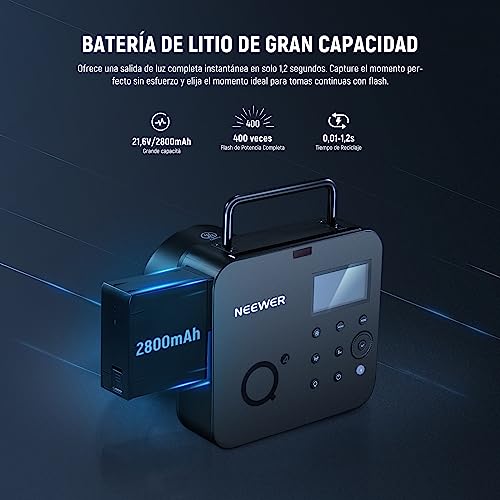 Ficha técnica NEEWER Q4 400Ws 24G TTL Flash Exterior Nueva Apariencia 1/8000 HSS Estroboscópico de Estudio Fotografía con 30W Lámpara Modelado 400 Flash Potencia Completa Recicle 0 01-1 2s 216V 2800mAh Batería - Fernando Cortés