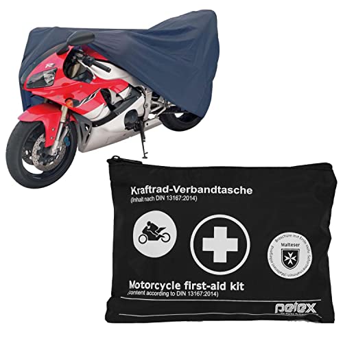 PETEX Motorrad Schutzgarage, Größe XL: ca. 246 x 104 x 127 cm, blau und Motorrad Verbandtasche nach DIN 13167, schwarz - Set