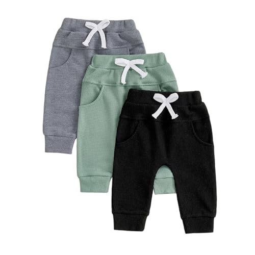 XIXIMAON Toddler Baby Boy Joggers Trousers Pack of 3 Solid Color Elastic Waist Tracksuit Bottoms Newborn Soft Cotton Waffle Pants Spring Autumn Clothes (Grey Green Black, 18-24 Months)