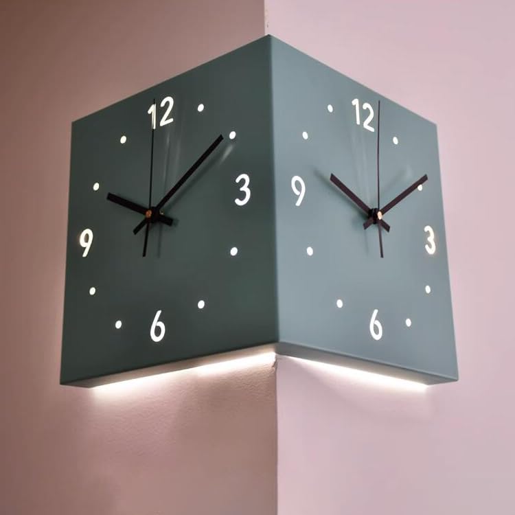 Corner Wall Clock, Metal Double Sided Wall Clocks with Light, Smart Sensor Silent Wall Clock for Living Room/Bedroom/Kitchen, 10 * 10 inch,Blue