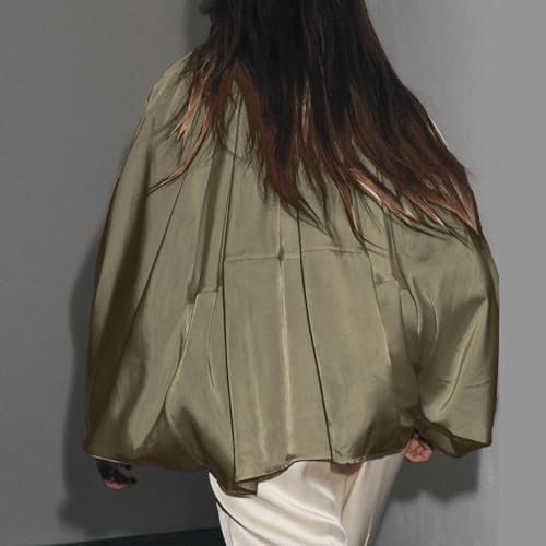 WOWULOVELY Women's Puffed Bomber Jacket Oversized Lapel Collar Streetwear Coat Long Casual Batwing Sleeve Zip Pleated Shirts4