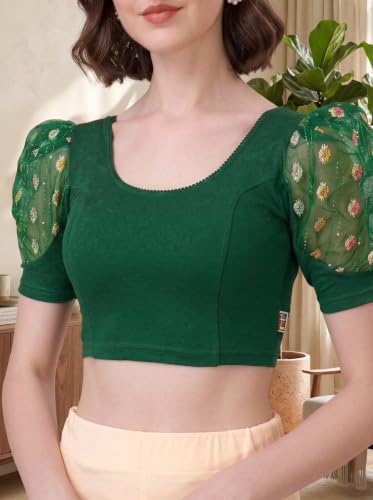 Image of SFT Women's Cotton Lycra Blend Readymade Saree Blouse with Round Neck Half Sleeves Solid Pattern Knit Weave Regular Fit and Pull On Closure