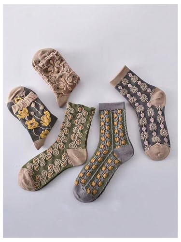 Image of WDIRARA 5 Pairs Ladies Vintage Floral Embroidered Socks