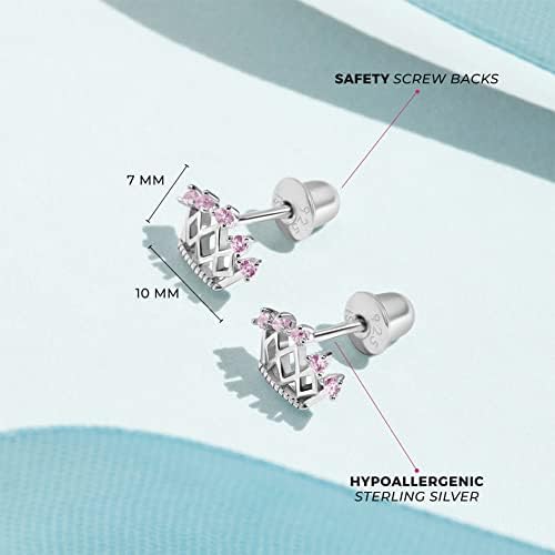 In Season Jewelry Crown Princess CZ 아동용 귀걸이 - 925 스털링 실버 저자극성 귀걸이, 안전 스크류 백 포함 - 유아, 어린이 및 어린 소녀에게 안전하고 편안함 — 사진 4