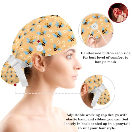 Image of Butterfly Scrub Cap Women with Ponytail & Buttons Adjustable Surgical Nurse Hat with Cotton Sweatband for Long Hair