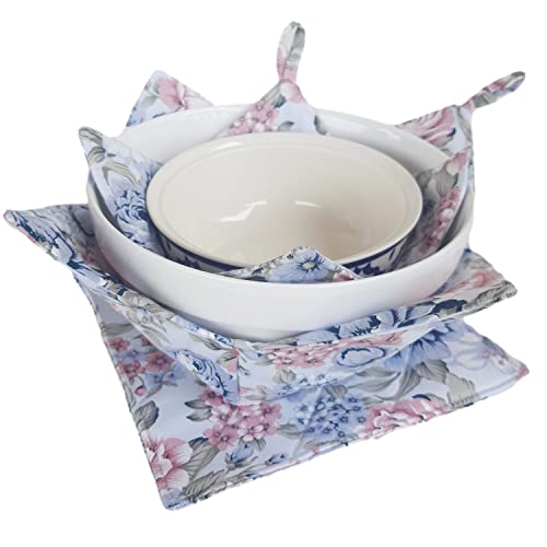 CUSHYSTORE Set Bowl Cozy Pot Holder Canvas Holders Heat and Cold Resistant Anti-Scalding Protector (Blue Rose Flower), 7.5''x7.5''x4''