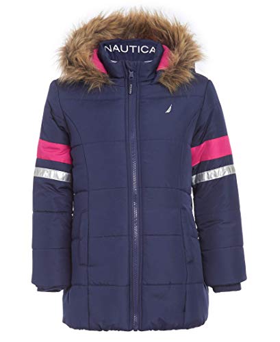 Nautica Little Girls Heavy Weight Long Length Jacket with Faux Fur Hood, Navy, 5