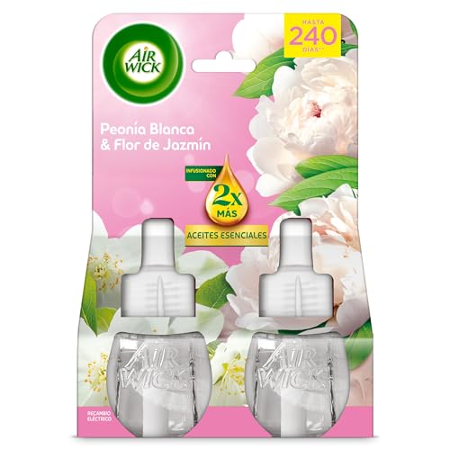 Air Wick Eléctrico - Pack de 2 Recambios para Ambientador Eléctrico Air Wick con aroma a Peonia blanca y Flor de Jazmín, infusionado con 2 veces más aceites esenciales - 240 días