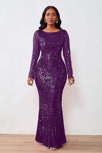 Image of VERWIN Women's Sequins Bodycon Round Neck Long Sleeve Sparkly Mermaid Maxi Dress for Casual Party Cocktail