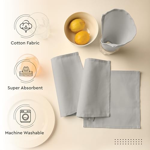 Image of Encasa XO Dining Cocktail Napkins 12 pcs (1 Dozen) Set of Large 23x23 cm (9 inchx9 inch) - Light Grey - Absorbent Heavy Cotton Party Fabric Machine Washable for Home Restaurant Banquet & Hotel