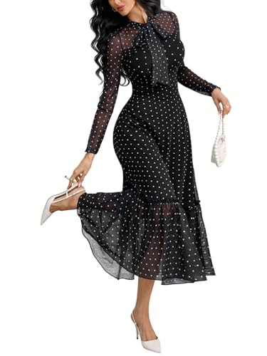 GothDark Black and White Polka Dot Dress for Women Long Sleeve Plus Size Vacation Outfits Black X-Large Fits US Size 12