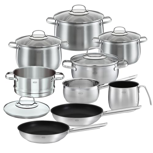 RÖSLE GLOBE Batterie de Cuisine 9 Pièces Inox - 6 Faitouts et Casseroles Haut de Gamme, 1 Panier de Cuisson Vapeur, 2 Poêles à Frire - Acier Inoxydable...