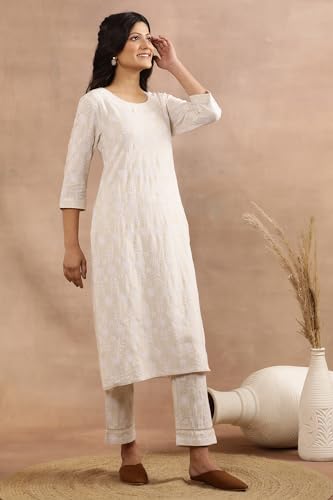 Image of W for Woman Beige Floral Embroidered Cotton Kurta and Pants Set