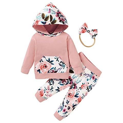 Blaward Baby Girl Outfits, Toddler Girl Long Sleeve Hooded Sweatshirt Tops with Flowers Leggings Pants Headband Clothing Set 0-24Months Pink Cover