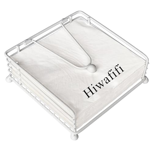 hiwafifi Napkin Holder for Table, Flat Napkin Dispenser with Weighted Arm, Square Cocktail Paper Holder of Elegant Rustic Iron for Kitchen Dining Room Decor Restaurant Farmhouse Hotel Party, White