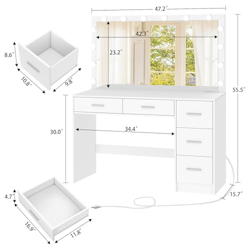 usikey 47.2\" Large Vanity Desk with Lighted Mirror, 14 Lights, Makeup Vanity Table with 5 Large Drawers & Charging Station, Makeup Vanity Desk, Vanity Table Set for Bedroom, White