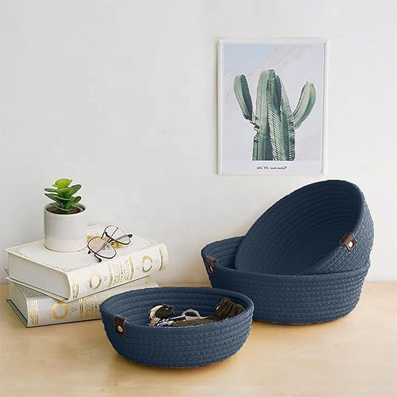 Image of Handmade Jute Cotton Storage Baskets Set of 3 for Dining Table, Fruit Basket & Roti Bowl, Cane Style Organizer for Kitchen, Home Decor, Washable Multipurpose (Dark Blue)