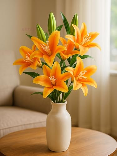 Image of ARTSY Artificial Flowers for Decoration Lily Flower Bunch for vase /Pot, Long Size Stick stem, Home /Office Decor, Gift, Artificial Plant, Craft, Without Vase, 100 cm Height, 1piece, Orange