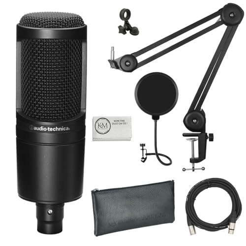 Audio-Technica AT2020 Cardioid Condenser Microphone Bundle with XLR Cable + Microphone Arm + Pop Filter + Cleaning Cloth (5 Items)