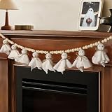 7.2 FT Halloween Garland Ghost Decorations, Adjustable Hanging Cute Ghost Garland Mantel Decor, Handmade Wooden Beads Halloween Banner for Fireplace Home Room Indoor Outdoor Office Wall Party Supplies