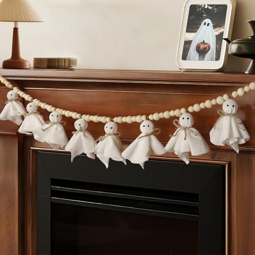 7.2 FT Halloween Garland Ghost Decorations Adjustable Hanging Cute Ghost Garland Mantel Decor Handmade Wooden Beads Halloween Banner for Fireplace Home Room Indoor Outdoor Office Wall Party Supplies
