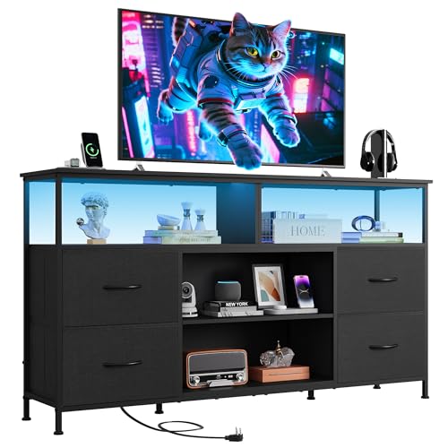 WLIVE TV Stand Dresser for 50,55,60 inch TV, Entertainment Center with LED Lights & Fabric Drawers, Dresser TV Stand for Bedroom and Living Room with Open Shelves, Black by WLIVE - Used condition - US$72.42