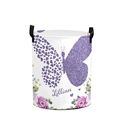 Personalized Laundry Basket, Purple Floral Butterfly Rose Custom Storage Bins Laundry Hamper with Name Collapsible Toys Organizer