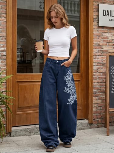 Image of EMMIOL Women Hip Hop 90s Vintage Baggy Jeans Denim Pants Mid Waist Jeans