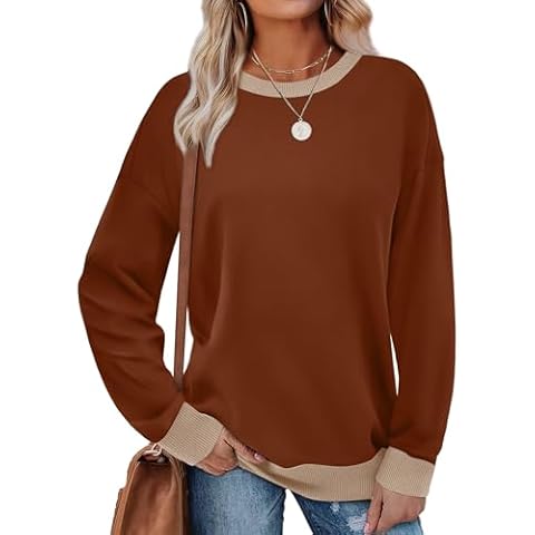Saloogoe Womens Tops Fall Fashion 2024 Outfits Crewneck Sweatshirts for Women Long Sleeve Shirts Caramel M Cover