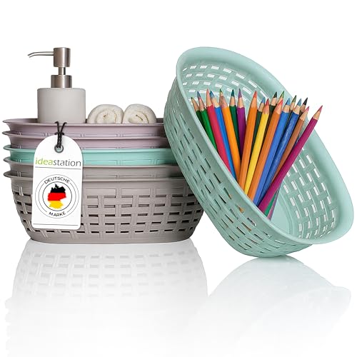 idea-station Aufbewahrungskorb Plastik in Rattan Optik - 6 Stück - 2L / 25.5x18x7.5 cm - pastell - stapelbarer Korb Aufbewahrung - kleine Körbchen Bad - Organizer Körbe & Behälter