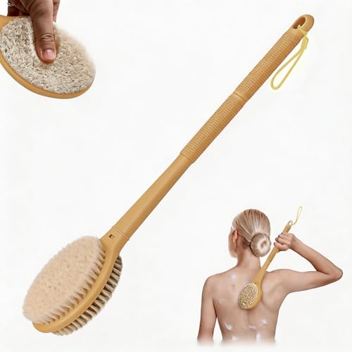 elzle Spazzola Schiena Doccia, Lava Schiena da Doccia con Setole Rigide e Morbide, Corpo Bagnato e Ascpiutto Setole Morbide per Donne, Uomini e Anziani,Colore Legno
