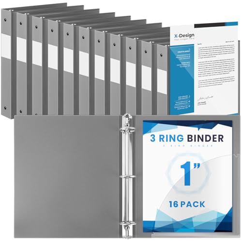 Henoyso 16 Pack 1 Inch 3 Ring Binder with Clear Cover Fit Letter Size 8.5" x 11" Paper Holds 240 Sheets, Bulk Binders for Organizing School, Office & Classroom Documents, 1 Pocket (Gray)