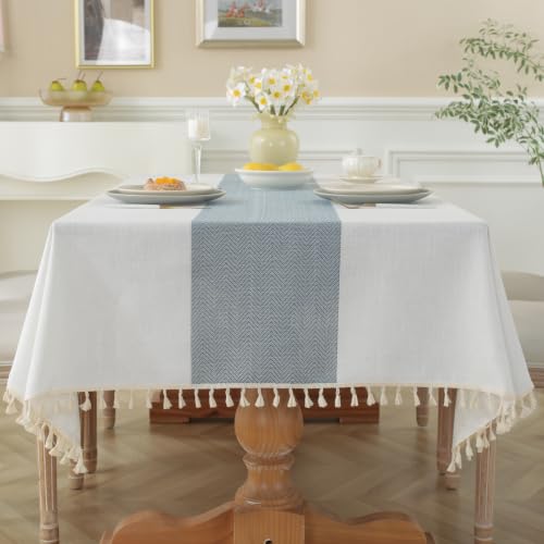 Alsoo Blue Tablecloth Rectangle 55 x 90 Inch, Waterproof Fade Resistant Table Cloth Cotton Linen Fabric for Outdoor Beach Coastal Dining Picnic Summer